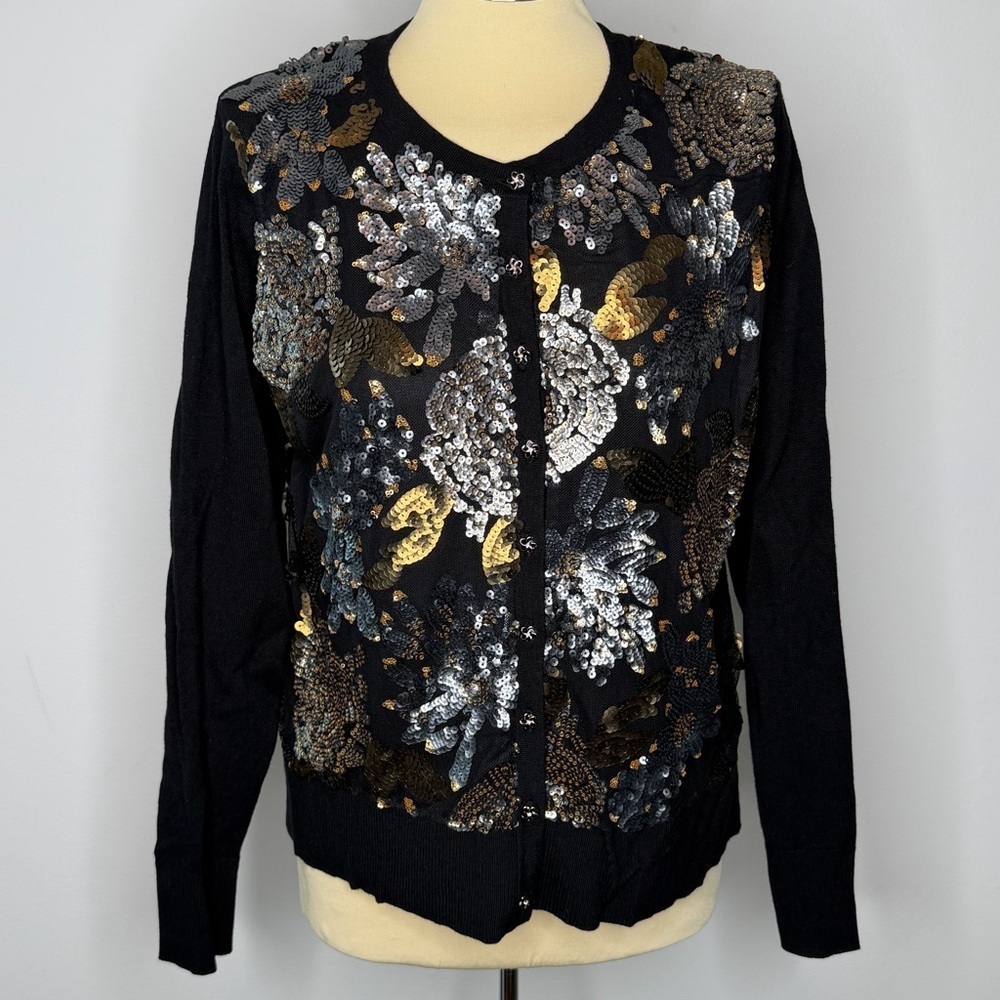 Charter Club Floral Gold Silver Sequin Front Cardigan Sweater